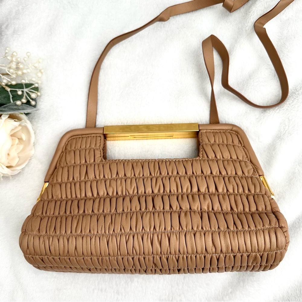 DeMellier Mini Seville Light Tan Clutch Purse Ruched Leather - Picture 3 of 16